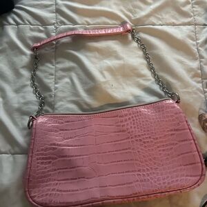 Pink Croc-Embossed Shoulder Bag